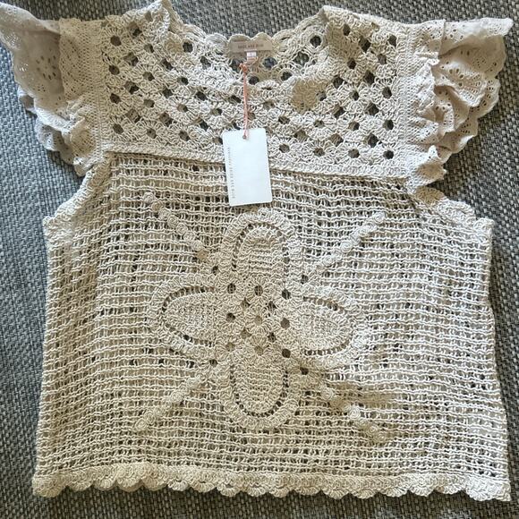 SKIES ARE BLUE NWT 100% Cotton Crochet Flutter Sleeve Vest Top Natural Beige L - Picture 2 of 6